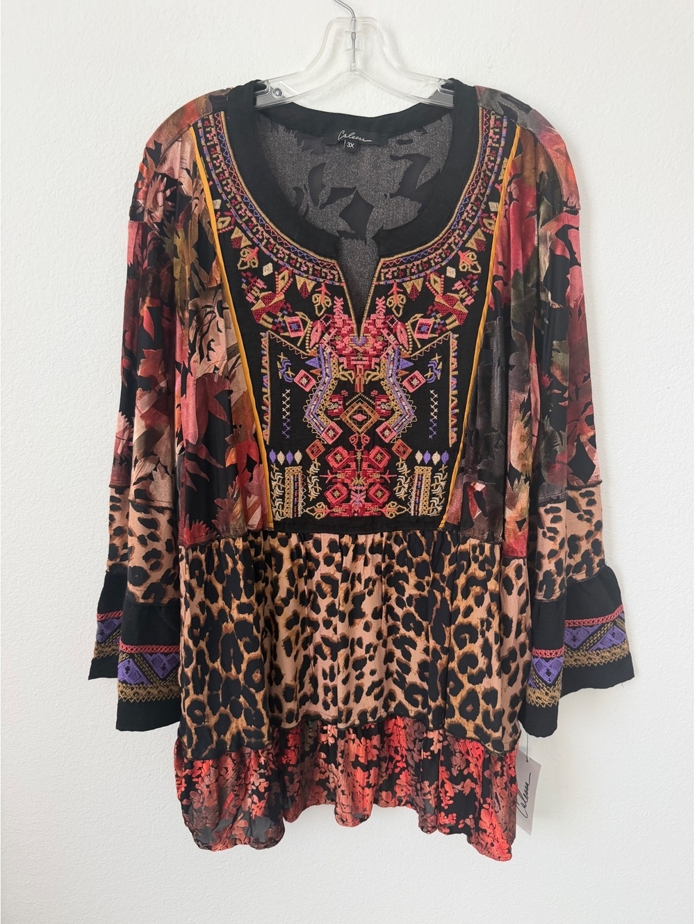 Calessa NWT Leopard Print 3/4 Sleeve Embroidered VNeck Boho Tunic Blouse Size 3X